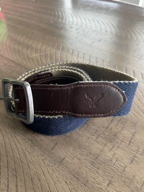 American Eagle Navy/Khaki Canvas & Brown Leather Belt Reversable-44 inches